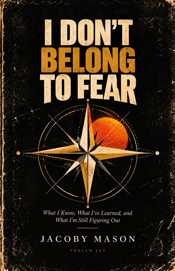 Cover of I Don’t Belong to Fear by Jacoby Mason: a gold compass rose over an orange sun on a weathered black background.