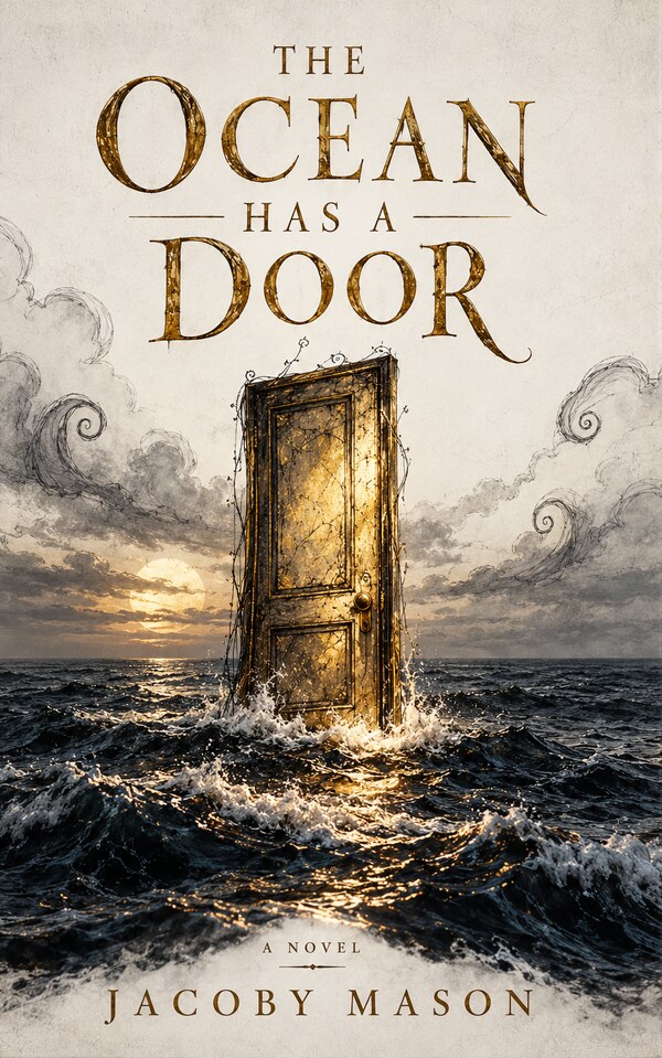 Cover of The Ocean Has a Door by Jacoby Mason, labeled A Novel: distressed gold lettering on antique white parchment, a crooked golden door amid dark ocean waves and reflections, and hand-drawn swirling clouds.